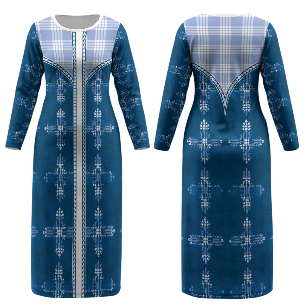 Blue Hawaii Paniolo Quilt Motif Couples Matching Long Sleeve Bodycon Dress and Long Sleeve Button Shirt LT05 - Polynesian Pride