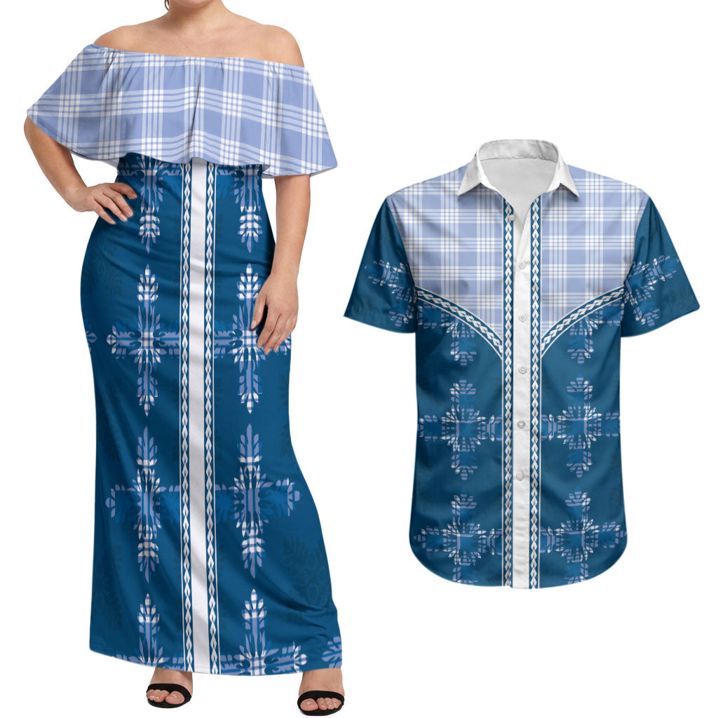 Blue Hawaii Paniolo Quilt Motif Couples Matching Off Shoulder Maxi Dress and Hawaiian Shirt LT05 Blue - Polynesian Pride