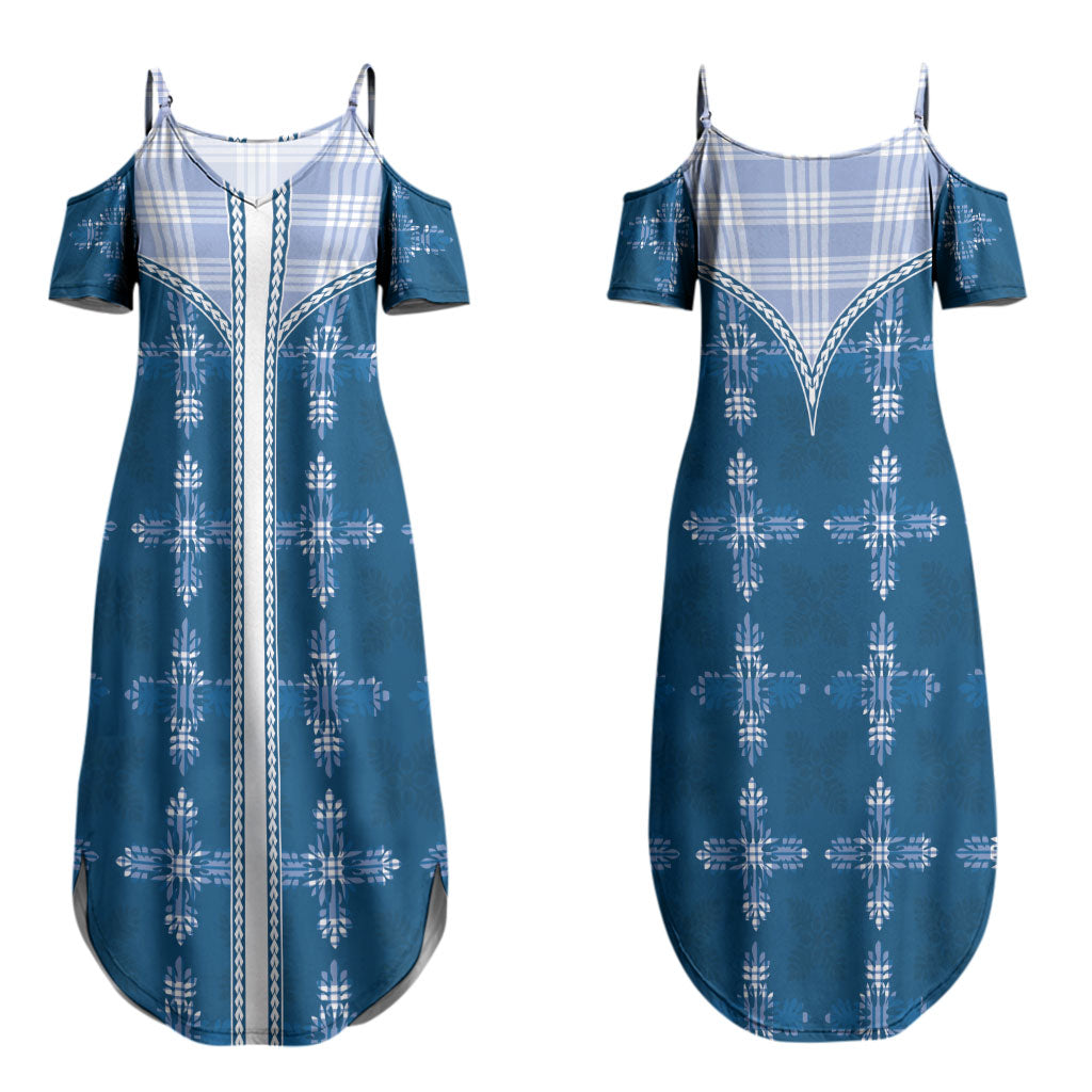 Blue Hawaii Paniolo Quilt Motif Couples Matching Summer Maxi Dress and Hawaiian Shirt LT05 - Polynesian Pride