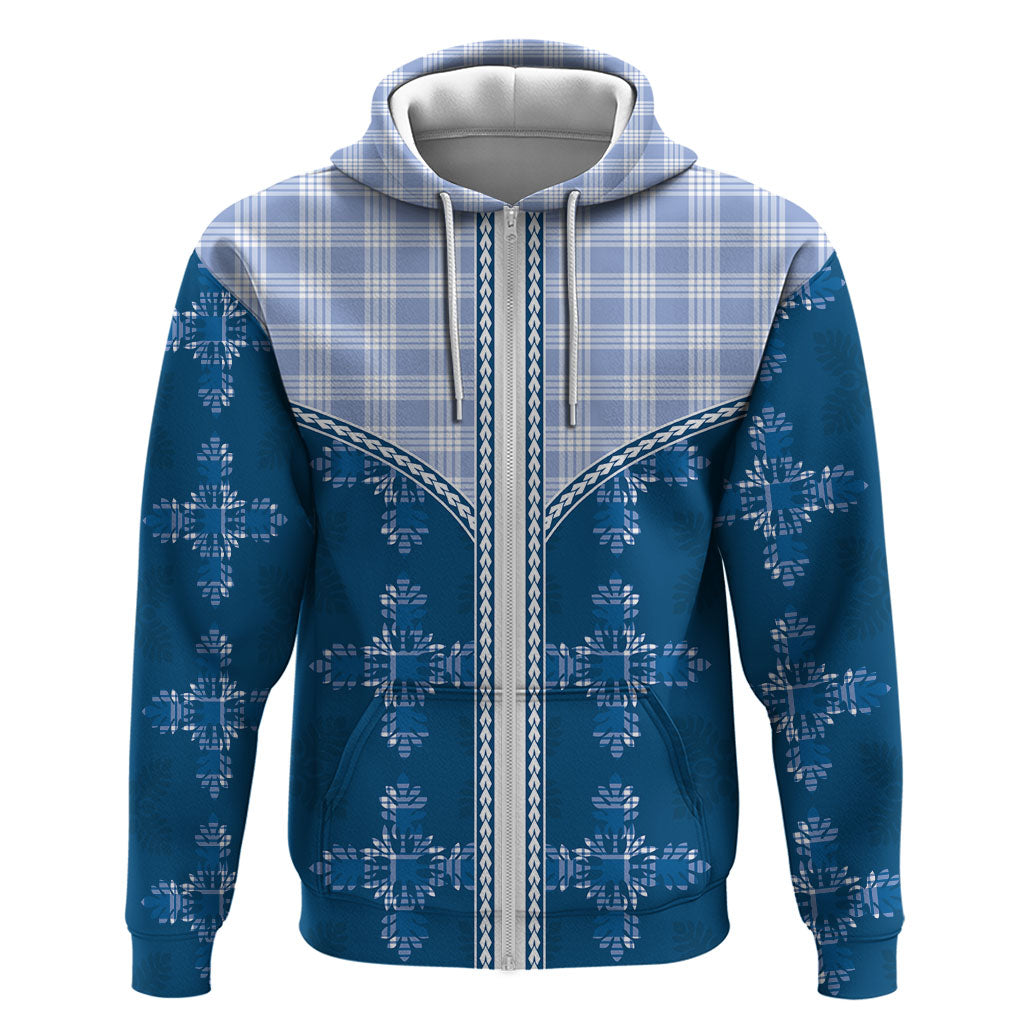 Blue Hawaii Paniolo Quilt Motif Hoodie LT05 Zip Hoodie Blue - Polynesian Pride