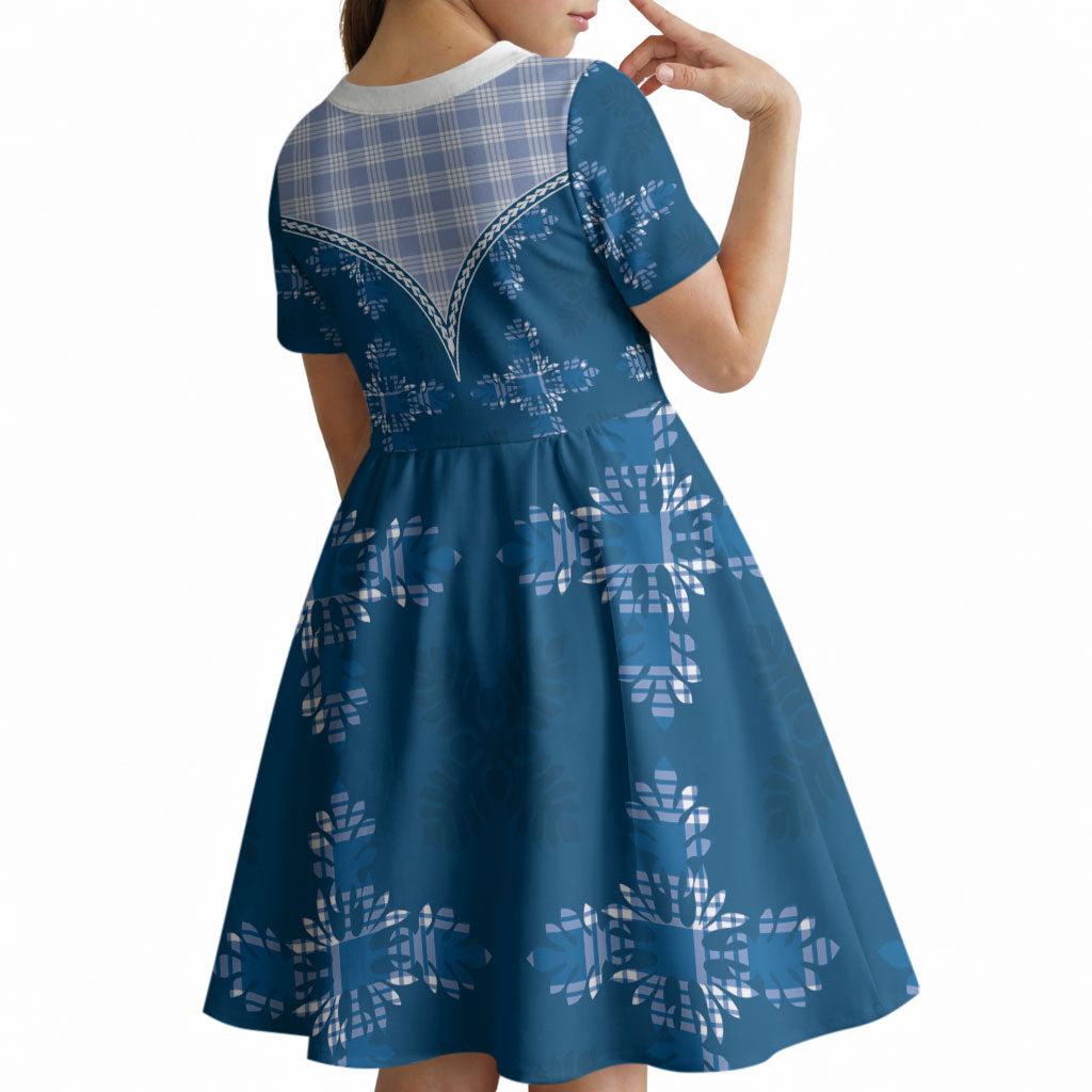 Blue Hawaii Paniolo Quilt Motif Kid Short Sleeve Dress LT05 - Polynesian Pride