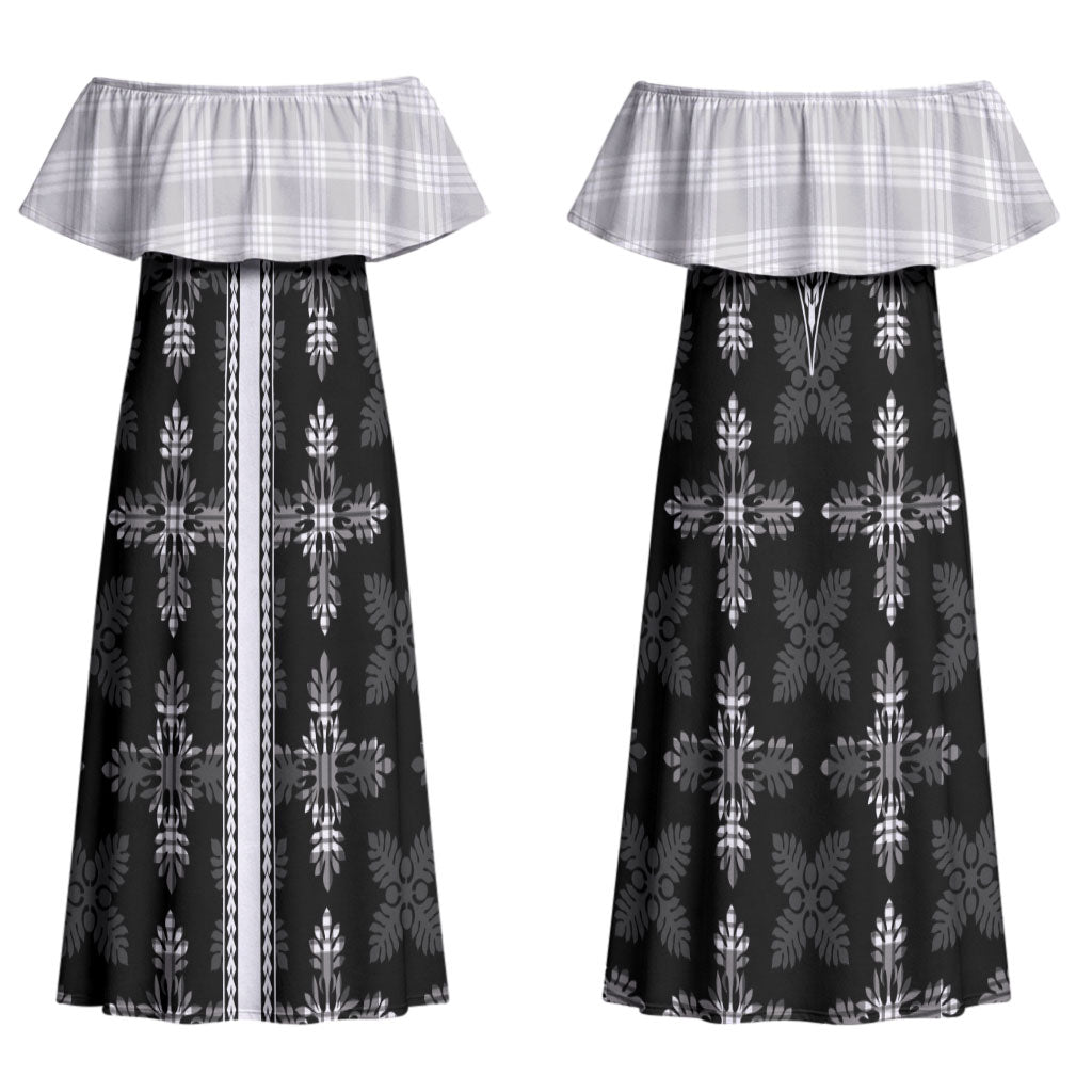 Black Hawaii Paniolo Quilt Motif Couples Matching Off Shoulder Maxi Dress and Hawaiian Shirt LT05 - Polynesian Pride