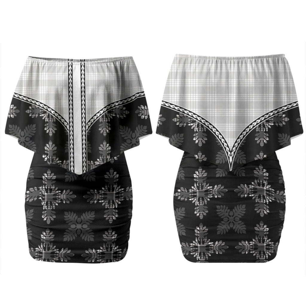 Black Hawaii Paniolo Quilt Motif Couples Matching Off Shoulder Short Dress and Hawaiian Shirt LT05 - Polynesian Pride
