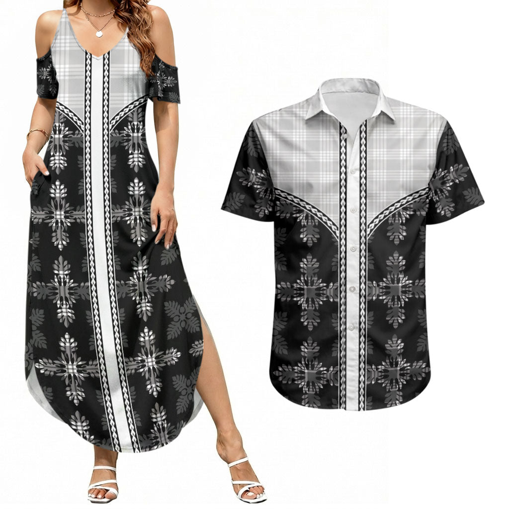 Black Hawaii Paniolo Quilt Motif Couples Matching Summer Maxi Dress and Hawaiian Shirt LT05 Black - Polynesian Pride