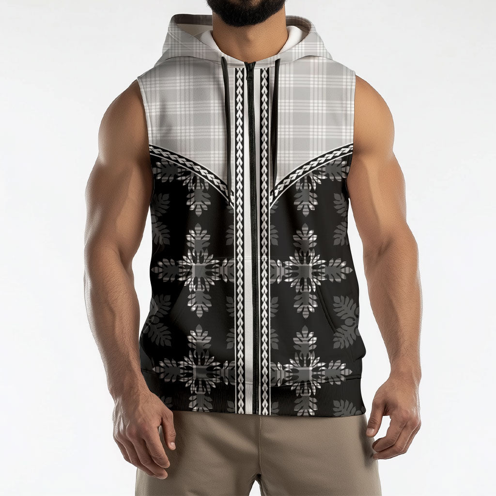 Black Hawaii Paniolo Quilt Motif Sleeveless Zip Hoodie LT05 - Polynesian Pride
