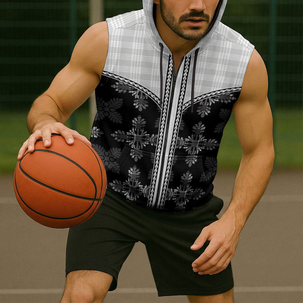 Black Hawaii Paniolo Quilt Motif Sleeveless Zip Hoodie LT05 - Polynesian Pride