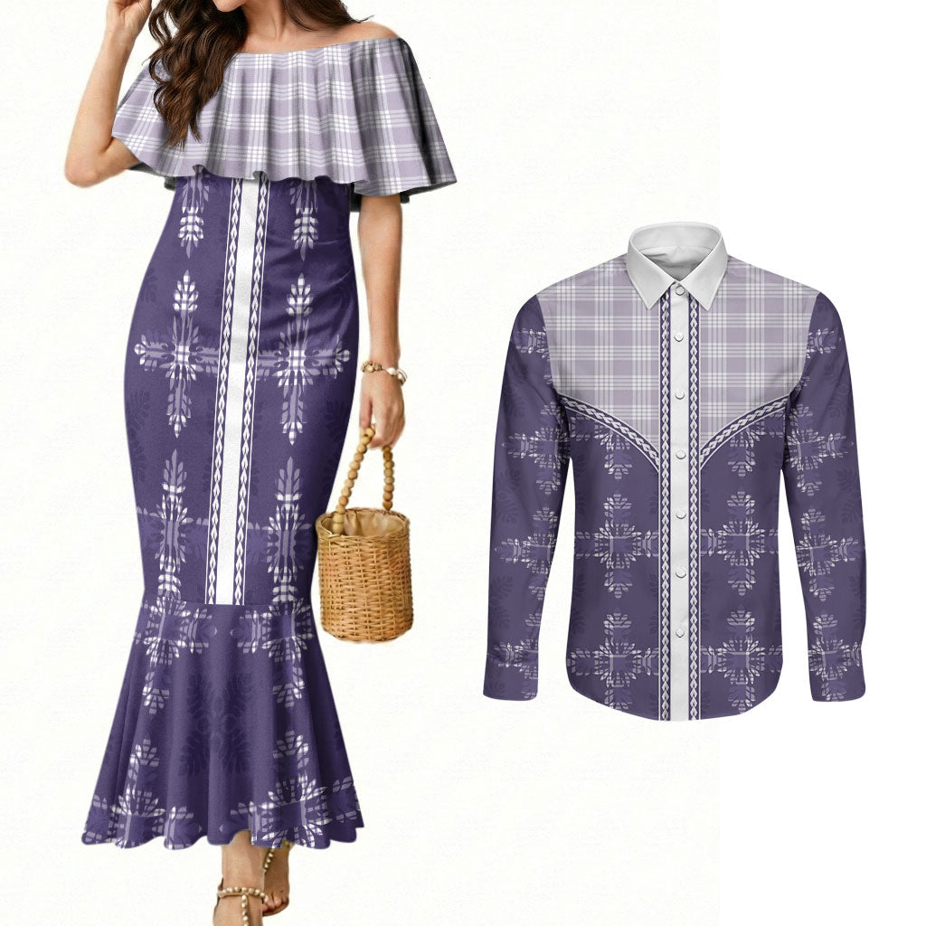 Purple Hawaii Paniolo Quilt Motif Couples Matching Mermaid Dress and Long Sleeve Button Shirt