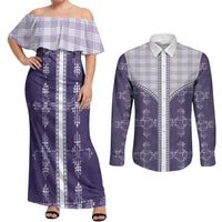 Purple Hawaii Paniolo Quilt Motif Couples Matching Off Shoulder Maxi Dress and Long Sleeve Button Shirt LT05 Purple - Polynesian Pride