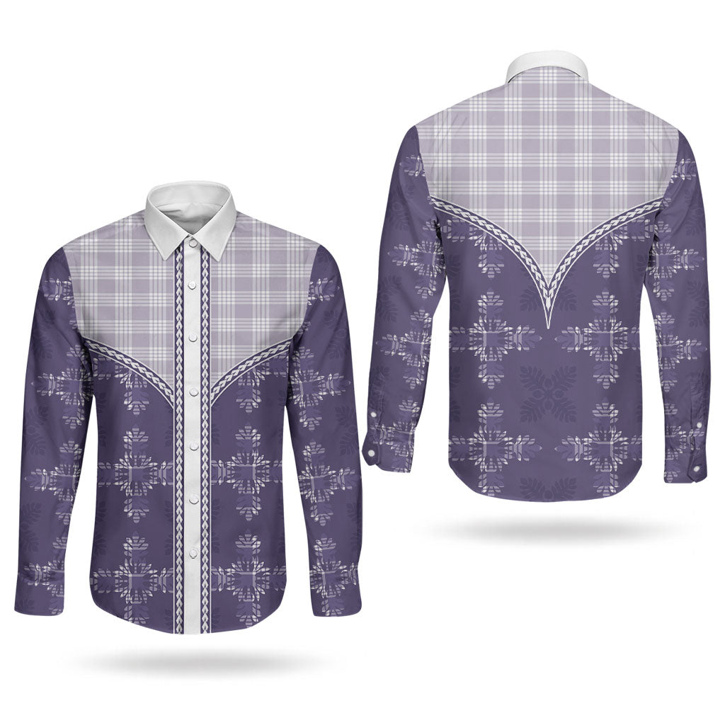Purple Hawaii Paniolo Quilt Motif Couples Matching Off Shoulder Maxi Dress and Long Sleeve Button Shirt LT05 - Polynesian Pride