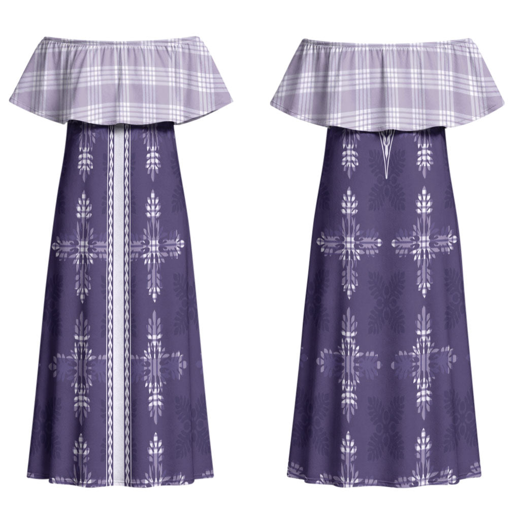 Purple Hawaii Paniolo Quilt Motif Couples Matching Off Shoulder Maxi Dress and Long Sleeve Button Shirt LT05 - Polynesian Pride