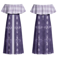 Purple Hawaii Paniolo Quilt Motif Couples Matching Off Shoulder Maxi Dress and Long Sleeve Button Shirt LT05 - Polynesian Pride