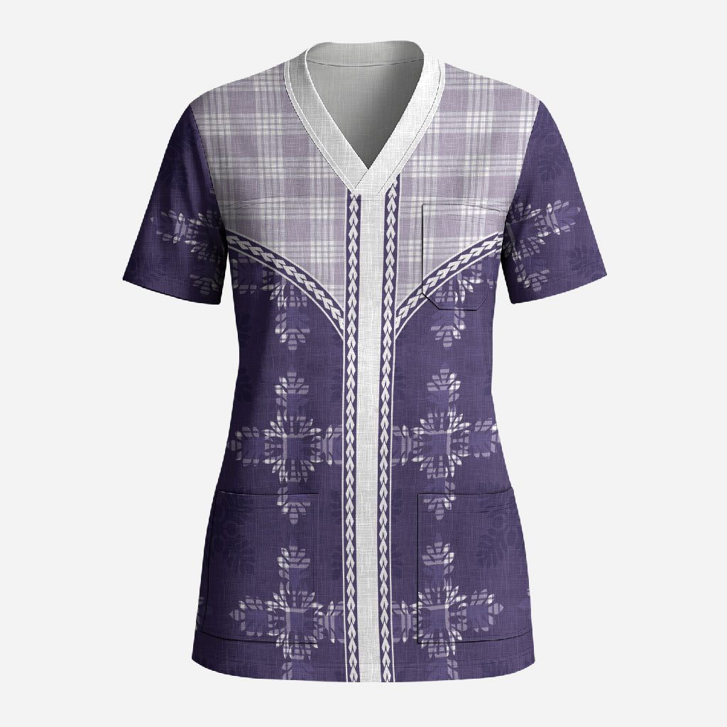 Purple Hawaii Paniolo Quilt Motif Scrub Top