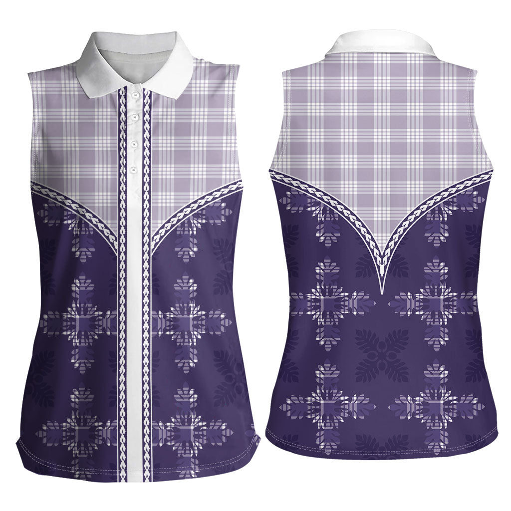 Purple Hawaii Paniolo Quilt Motif Women Sleeveless Polo Shirt LT05 - Polynesian Pride