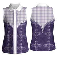 Purple Hawaii Paniolo Quilt Motif Women Sleeveless Polo Shirt LT05 - Polynesian Pride