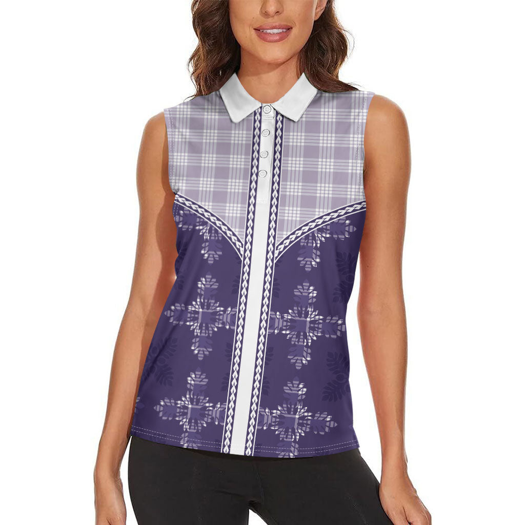Purple Hawaii Paniolo Quilt Motif Women Sleeveless Polo Shirt LT05 - Polynesian Pride