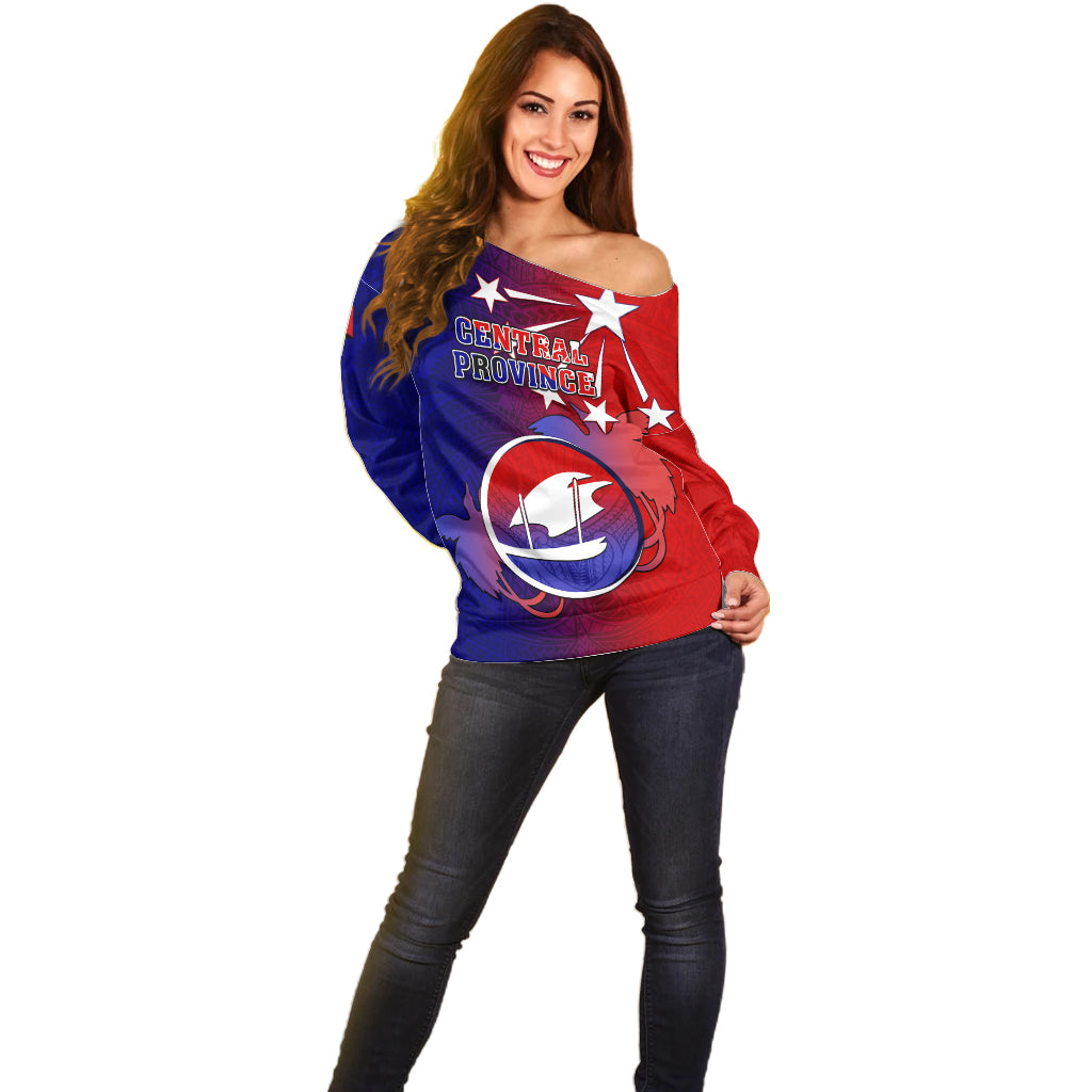 Papua New Guinea Central Province Off Shoulder Sweater Mix Coat Of Arms Polynesian Pattern LT05 - Polynesian Pride