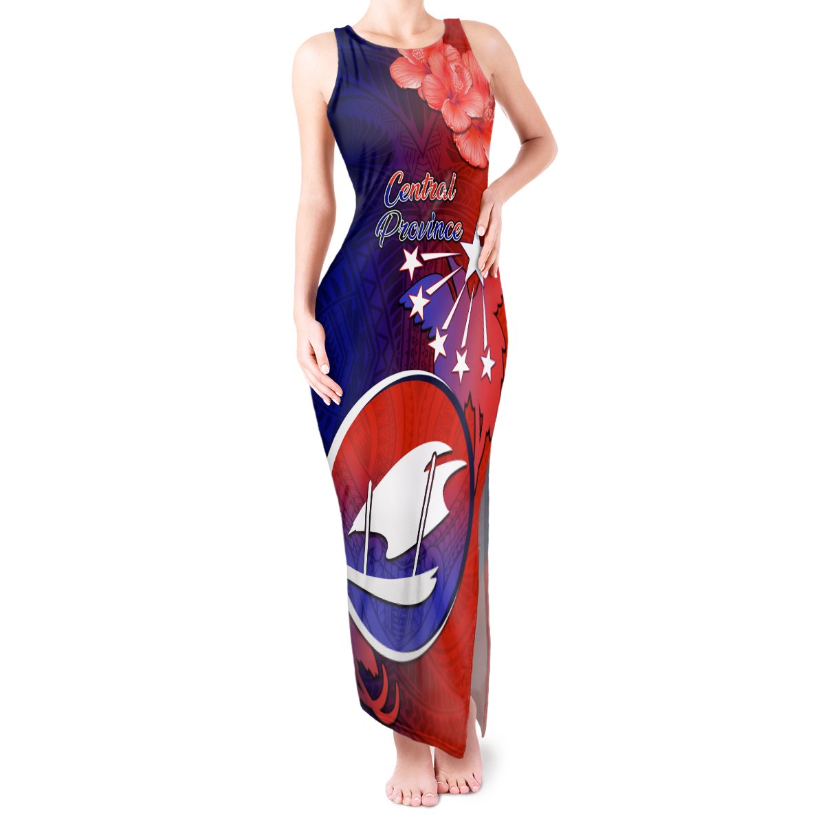Personalized Papua New Guinea Central Province Tank Maxi Dress Mix Coat Of Arms Polynesian Pattern LT05 Women Blue - Polynesian Pride