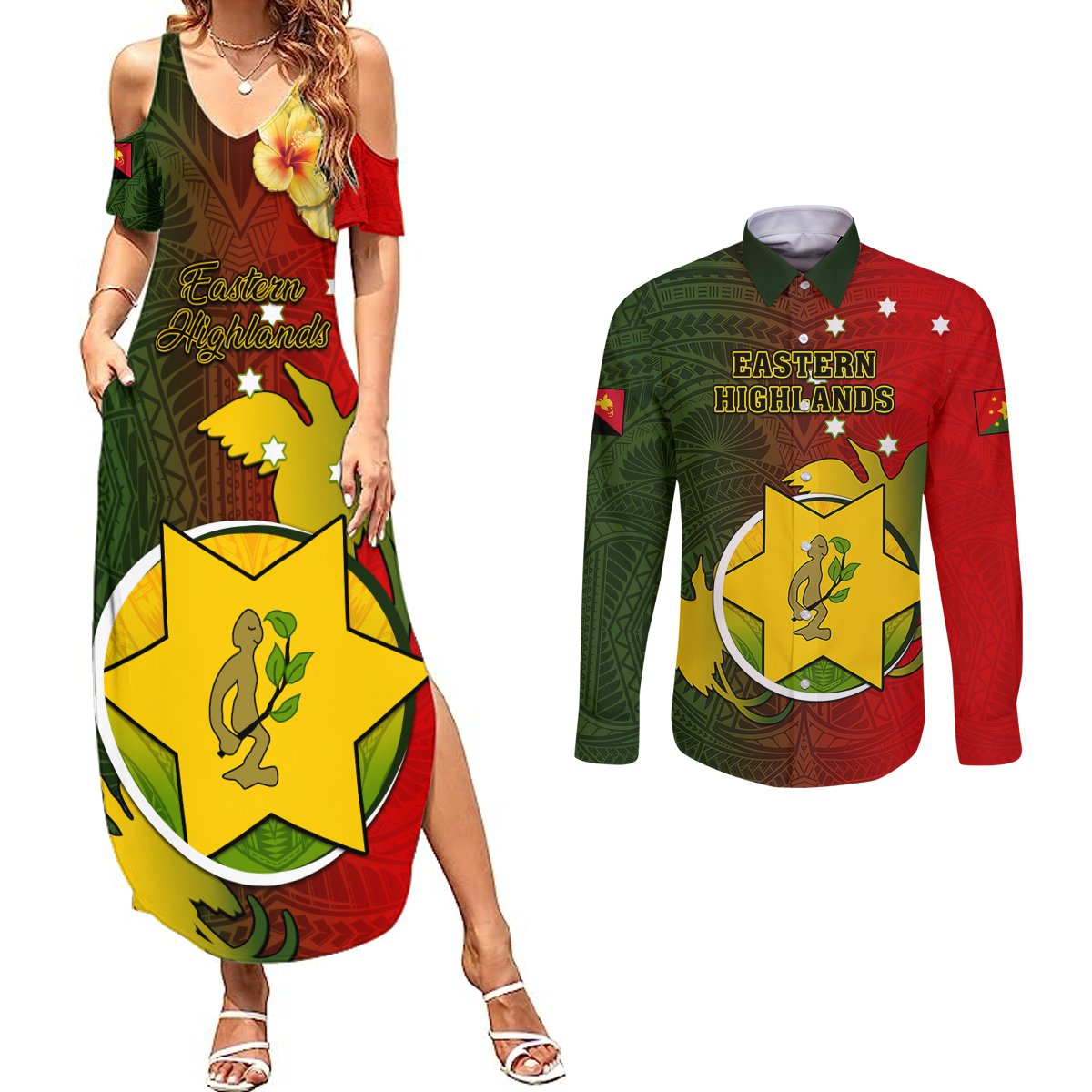 Personalized Papua New Guinea Eastern Highlands Province Couples Matching Summer Maxi Dress and Long Sleeve Button Shirts Mix Coat Of Arms Polynesian Pattern LT05 Red - Polynesian Pride
