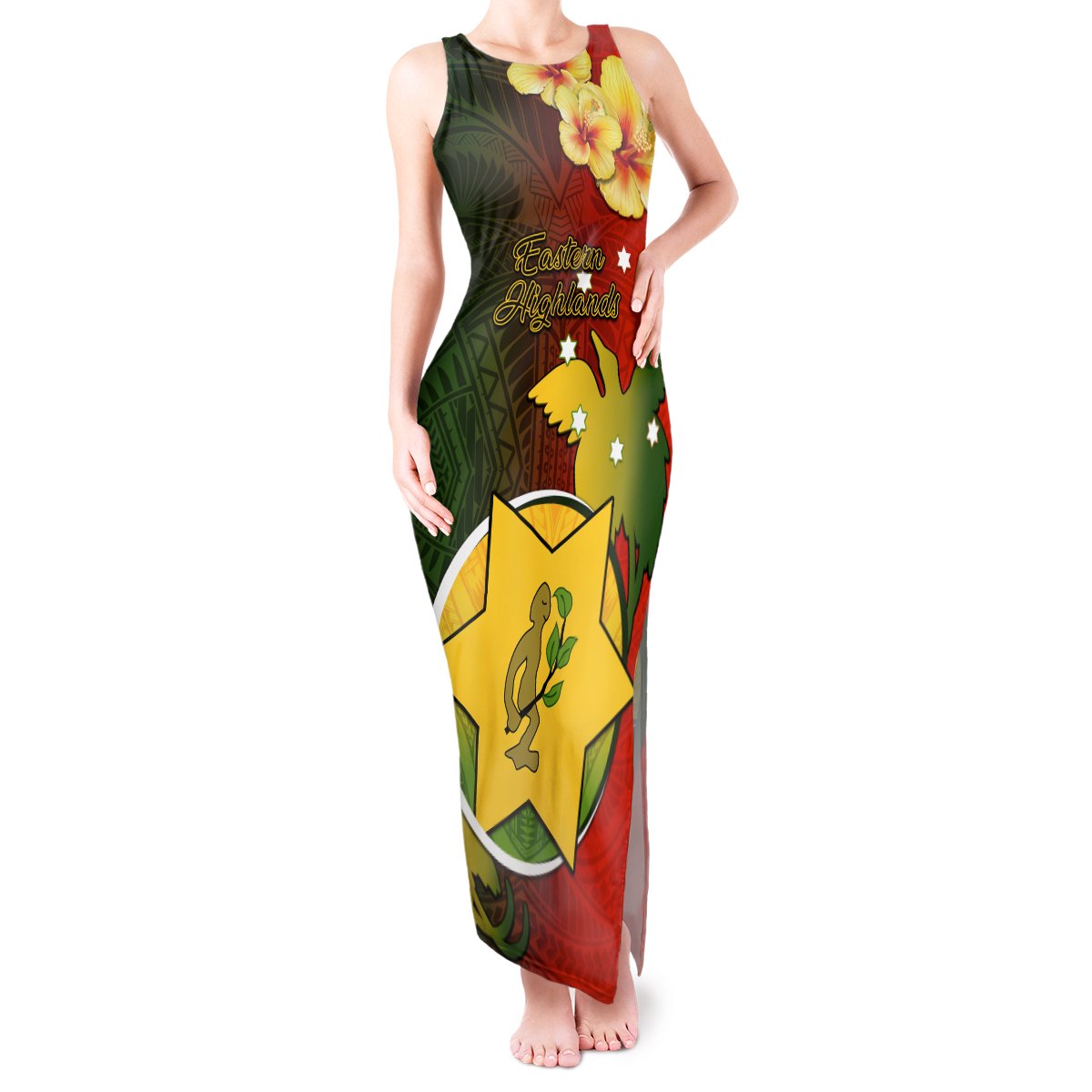 Personalized Papua New Guinea Eastern Highlands Province Tank Maxi Dress Mix Coat Of Arms Polynesian Pattern LT05 Women Red - Polynesian Pride