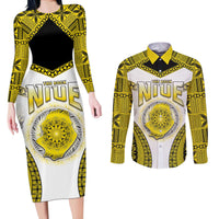 Personalised Niue The Rock Of Polynesia Couples Matching Long Sleeve Bodycon Dress and Long Sleeve Button Shirt Peniamina Gospel Day Yellow Version LT05 Yellow - Polynesian Pride