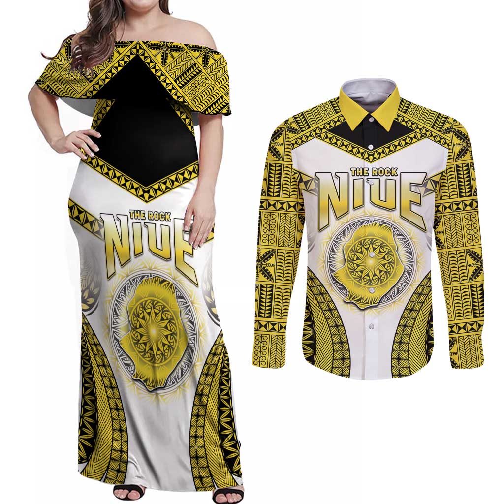 Personalised Niue The Rock Of Polynesia Couples Matching Off Shoulder Maxi Dress and Long Sleeve Button Shirt Peniamina Gospel Day Yellow Version LT05 Yellow - Polynesian Pride