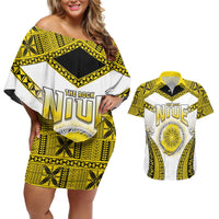 Personalised Niue The Rock Of Polynesia Couples Matching Off Shoulder Short Dress and Hawaiian Shirt Peniamina Gospel Day Yellow Version LT05 Yellow - Polynesian Pride