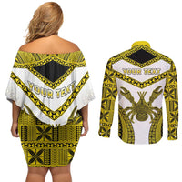 Personalised Niue The Rock Of Polynesia Couples Matching Off Shoulder Short Dress and Long Sleeve Button Shirt Peniamina Gospel Day Yellow Version LT05 - Polynesian Pride