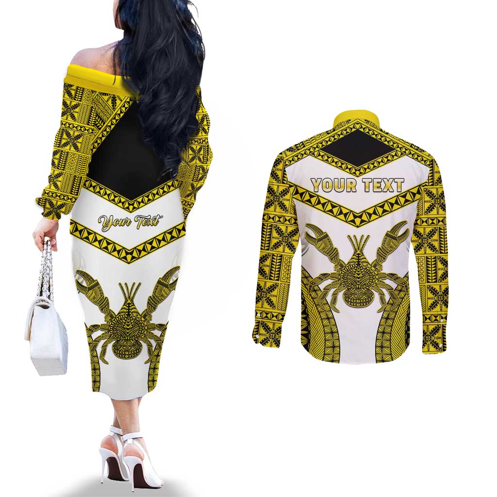 Personalised Niue The Rock Of Polynesia Couples Matching Off The Shoulder Long Sleeve Dress and Long Sleeve Button Shirt Peniamina Gospel Day Yellow Version LT05 - Polynesian Pride