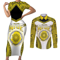 Personalised Niue The Rock Of Polynesia Couples Matching Short Sleeve Bodycon Dress and Long Sleeve Button Shirt Peniamina Gospel Day Yellow Version LT05 Yellow - Polynesian Pride