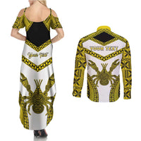 Personalised Niue The Rock Of Polynesia Couples Matching Summer Maxi Dress and Long Sleeve Button Shirt Peniamina Gospel Day Yellow Version LT05 - Polynesian Pride