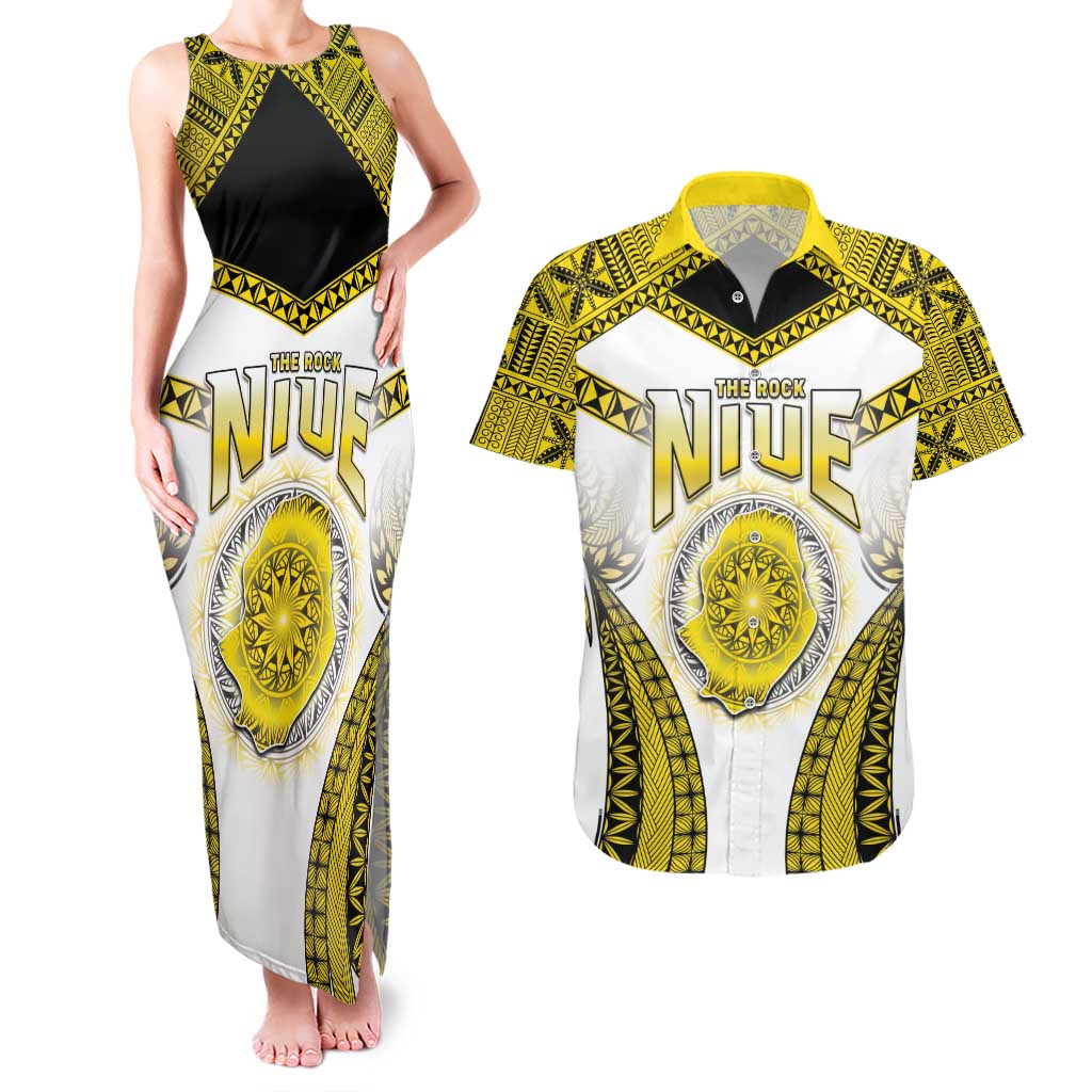 Personalised Niue The Rock Of Polynesia Couples Matching Tank Maxi Dress and Hawaiian Shirt Peniamina Gospel Day Yellow Version LT05 Yellow - Polynesian Pride