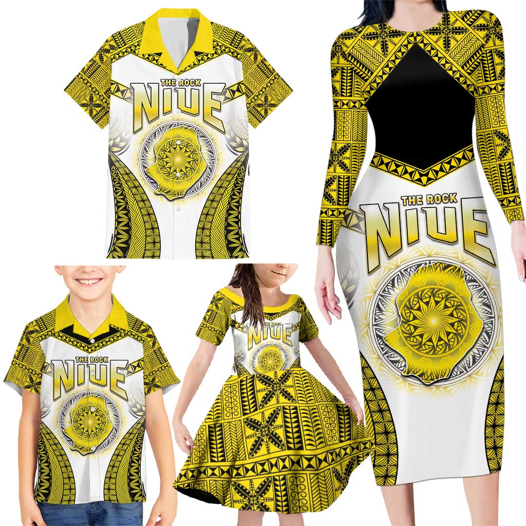 Personalised Niue The Rock Of Polynesia Family Matching Long Sleeve Bodycon Dress and Hawaiian Shirt Peniamina Gospel Day Yellow Version LT05 - Polynesian Pride