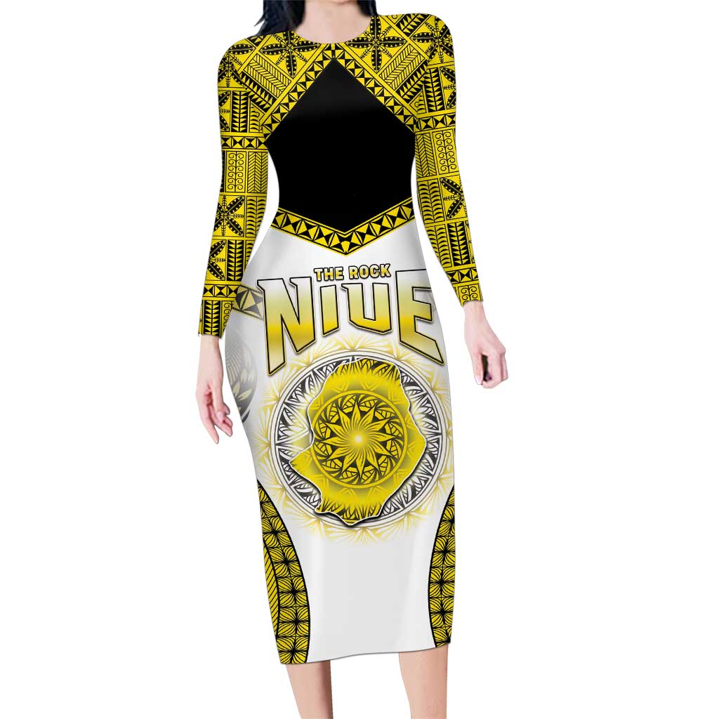 Personalised Niue The Rock Of Polynesia Family Matching Long Sleeve Bodycon Dress and Hawaiian Shirt Peniamina Gospel Day Yellow Version LT05 Mom's Dress Yellow - Polynesian Pride