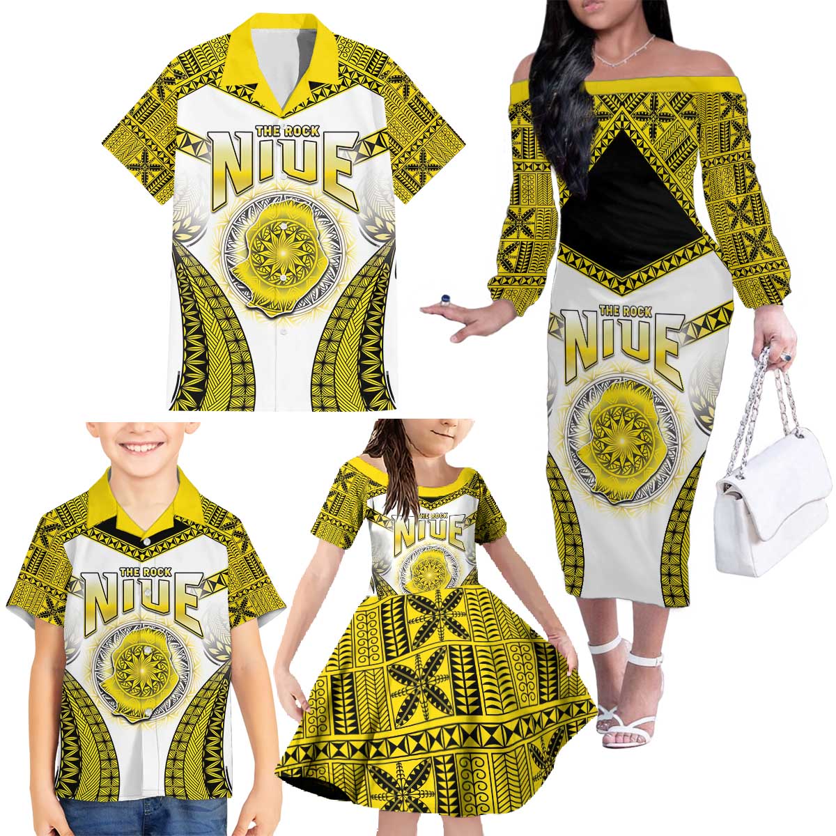 Personalised Niue The Rock Of Polynesia Family Matching Off The Shoulder Long Sleeve Dress and Hawaiian Shirt Peniamina Gospel Day Yellow Version LT05 - Polynesian Pride