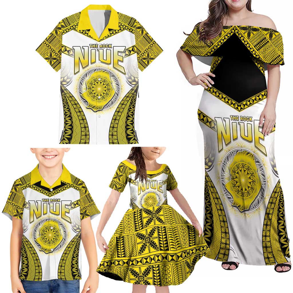 Personalised Niue The Rock Of Polynesia Family Matching Off Shoulder Maxi Dress and Hawaiian Shirt Peniamina Gospel Day Yellow Version LT05 - Polynesian Pride