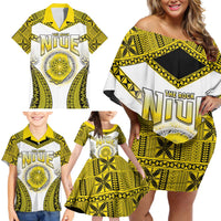 Personalised Niue The Rock Of Polynesia Family Matching Off Shoulder Short Dress and Hawaiian Shirt Peniamina Gospel Day Yellow Version LT05 - Polynesian Pride