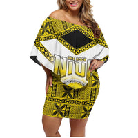 Personalised Niue The Rock Of Polynesia Family Matching Off Shoulder Short Dress and Hawaiian Shirt Peniamina Gospel Day Yellow Version LT05 Mom's Dress Yellow - Polynesian Pride
