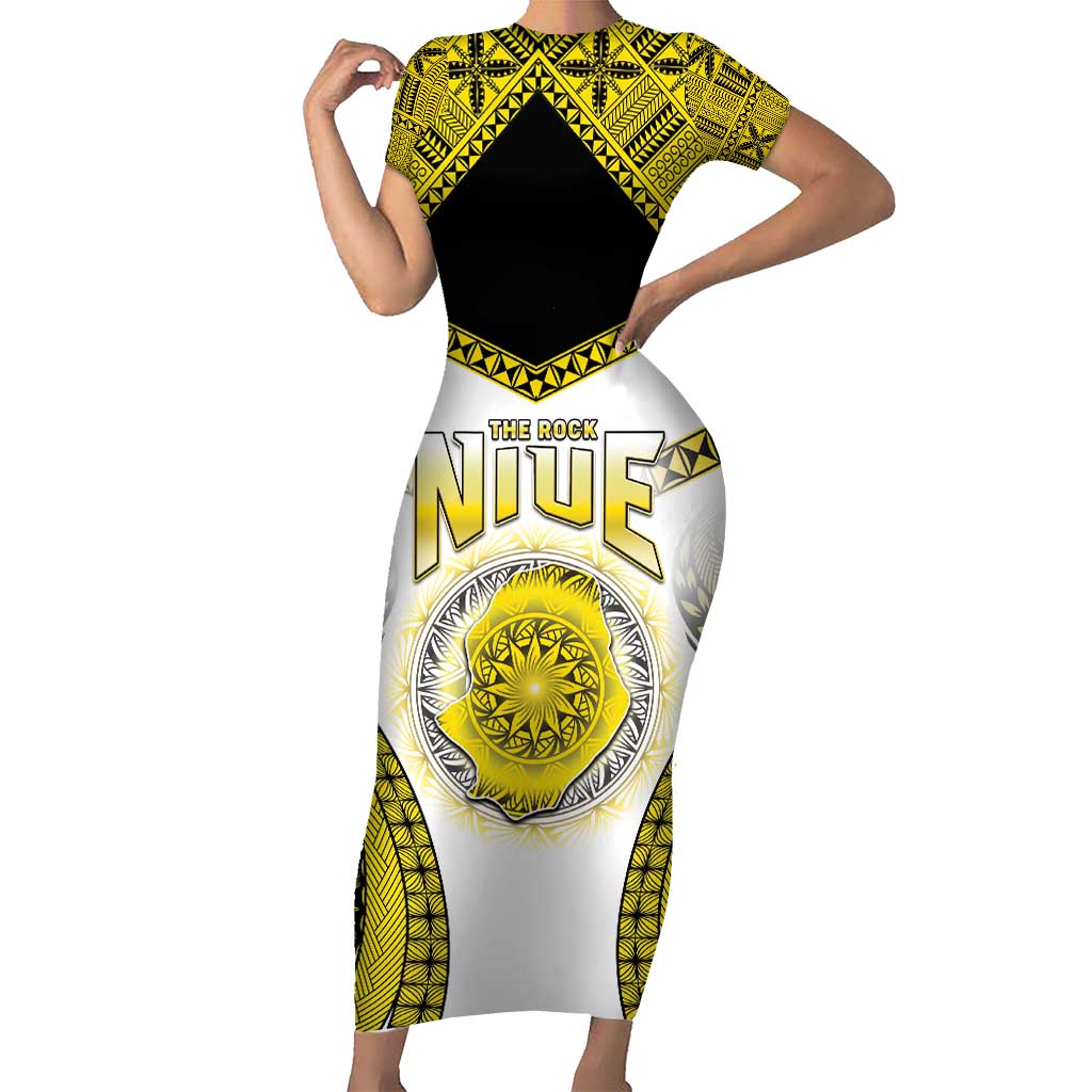 Personalised Niue The Rock Of Polynesia Family Matching Short Sleeve Bodycon Dress and Hawaiian Shirt Peniamina Gospel Day Yellow Version LT05 Mom's Dress Yellow - Polynesian Pride