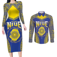 Personalised Niue The Rock Of Polynesia Couples Matching Long Sleeve Bodycon Dress and Long Sleeve Button Shirt Peniamina Gospel Day Blue Version LT05 Blue - Polynesian Pride