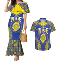 Personalised Niue The Rock Of Polynesia Couples Matching Mermaid Dress and Hawaiian Shirt Peniamina Gospel Day Blue Version LT05 Blue - Polynesian Pride