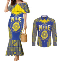 Personalised Niue The Rock Of Polynesia Couples Matching Mermaid Dress and Long Sleeve Button Shirt Peniamina Gospel Day Blue Version LT05 Blue - Polynesian Pride