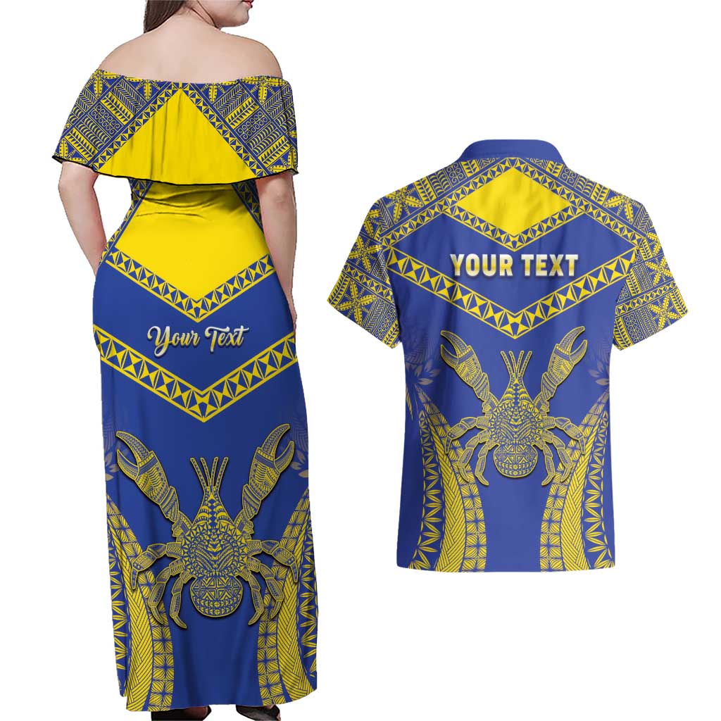 Personalised Niue The Rock Of Polynesia Couples Matching Off Shoulder Maxi Dress and Hawaiian Shirt Peniamina Gospel Day Blue Version LT05 - Polynesian Pride