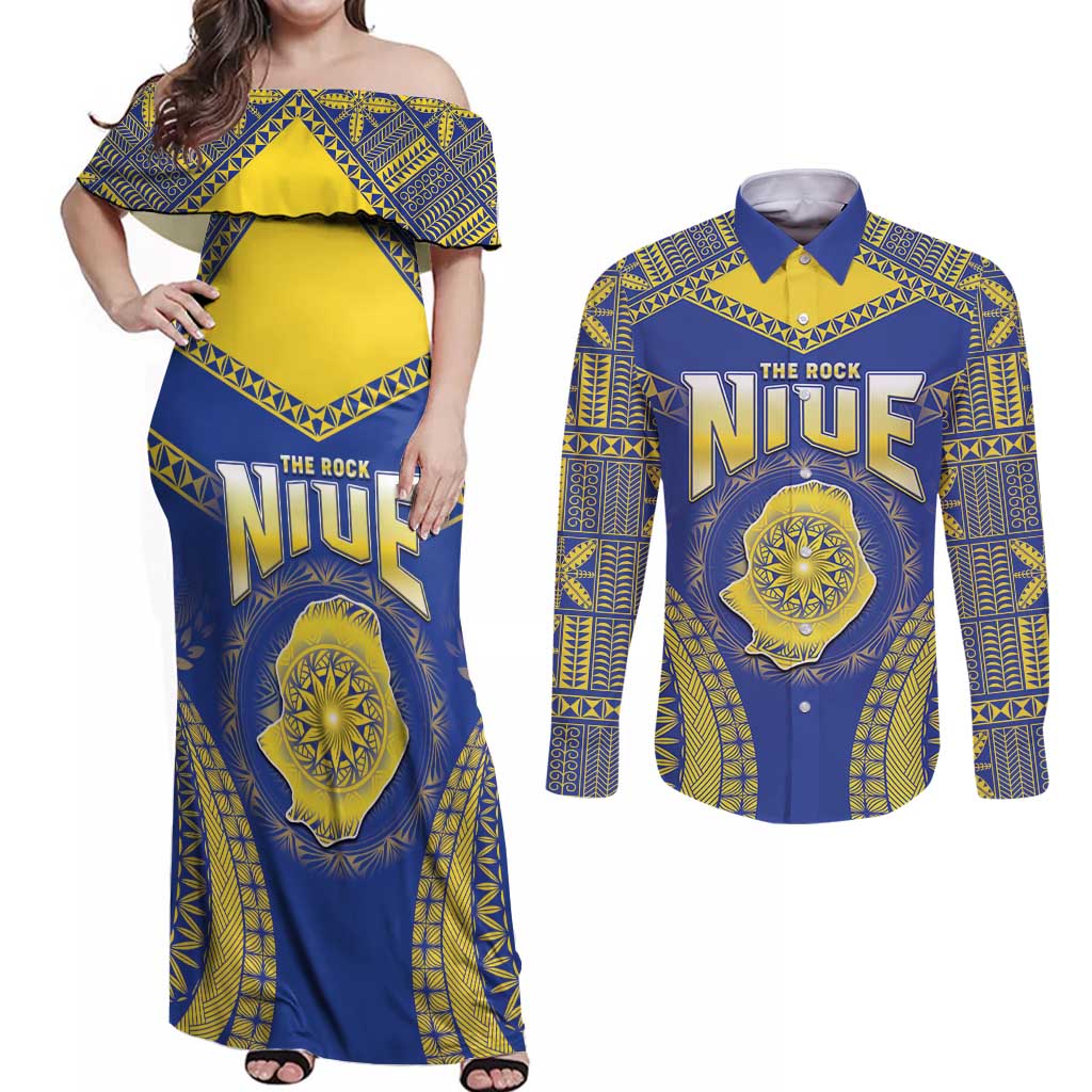 Personalised Niue The Rock Of Polynesia Couples Matching Off Shoulder Maxi Dress and Long Sleeve Button Shirt Peniamina Gospel Day Blue Version LT05 Blue - Polynesian Pride