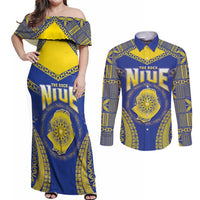 Personalised Niue The Rock Of Polynesia Couples Matching Off Shoulder Maxi Dress and Long Sleeve Button Shirt Peniamina Gospel Day Blue Version LT05 Blue - Polynesian Pride