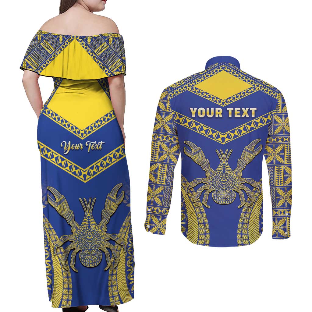 Personalised Niue The Rock Of Polynesia Couples Matching Off Shoulder Maxi Dress and Long Sleeve Button Shirt Peniamina Gospel Day Blue Version LT05 - Polynesian Pride