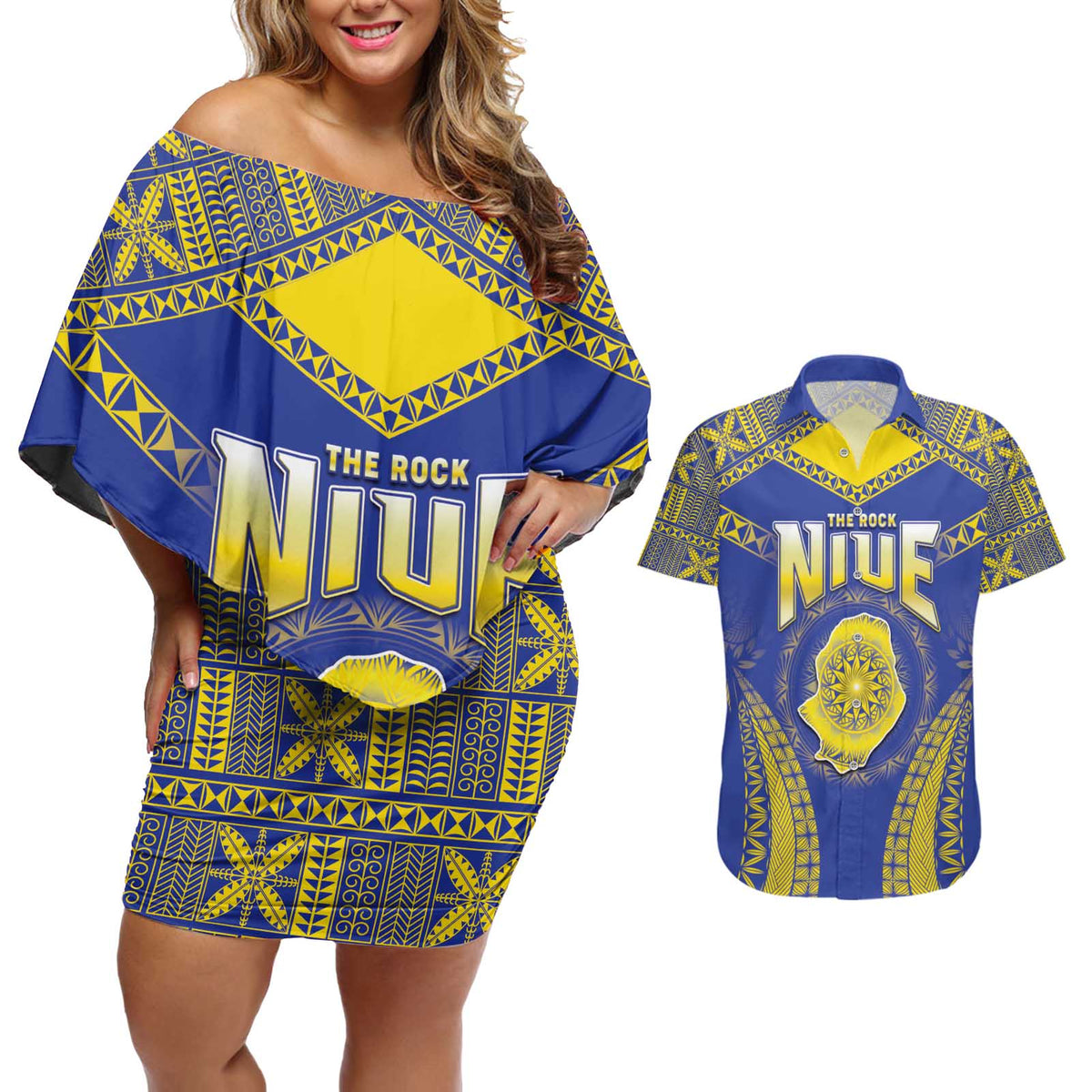 Personalised Niue The Rock Of Polynesia Couples Matching Off Shoulder Short Dress and Hawaiian Shirt Peniamina Gospel Day Blue Version LT05 Blue - Polynesian Pride