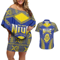 Personalised Niue The Rock Of Polynesia Couples Matching Off Shoulder Short Dress and Hawaiian Shirt Peniamina Gospel Day Blue Version LT05 Blue - Polynesian Pride