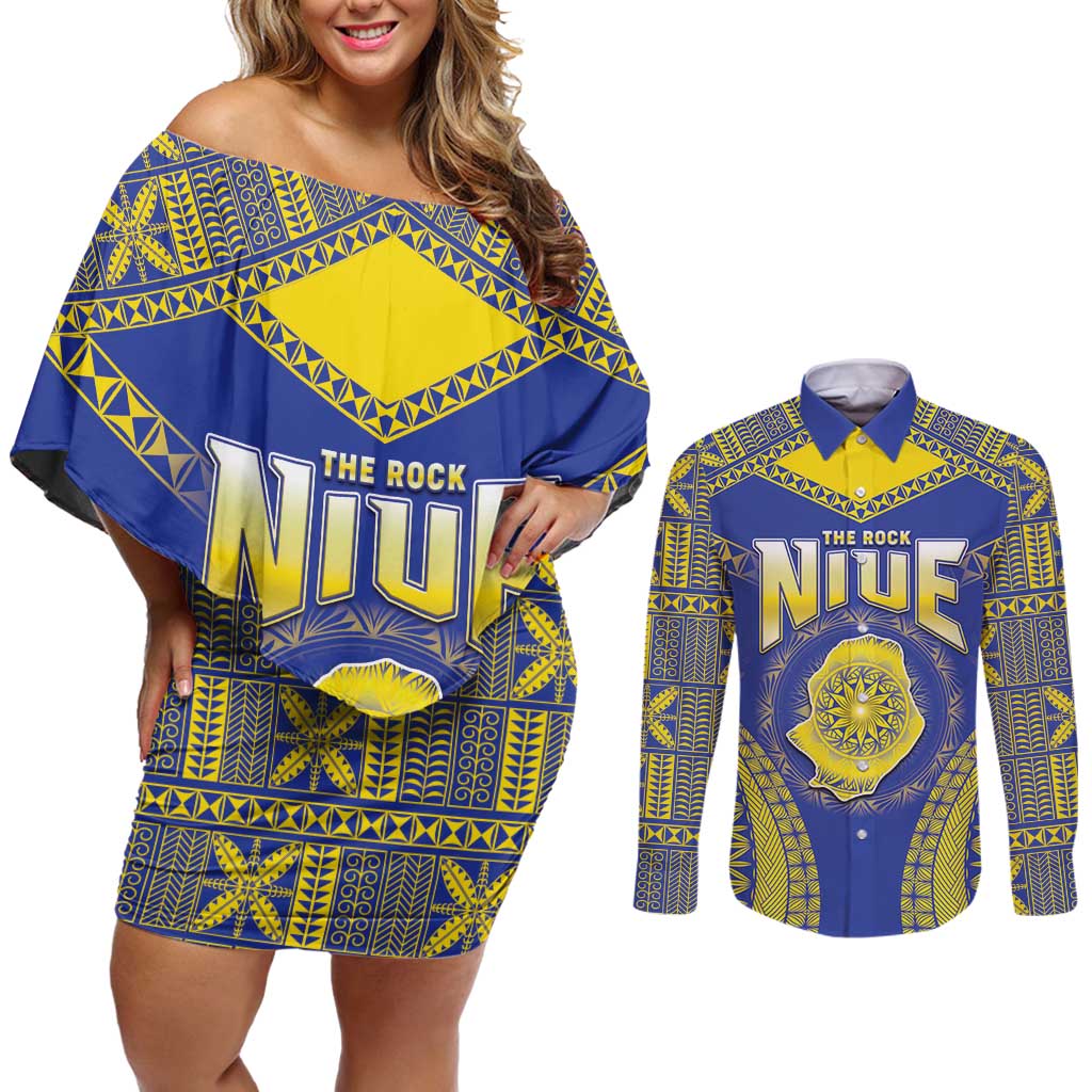 Personalised Niue The Rock Of Polynesia Couples Matching Off Shoulder Short Dress and Long Sleeve Button Shirt Peniamina Gospel Day Blue Version LT05 Blue - Polynesian Pride