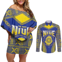 Personalised Niue The Rock Of Polynesia Couples Matching Off Shoulder Short Dress and Long Sleeve Button Shirt Peniamina Gospel Day Blue Version LT05 Blue - Polynesian Pride