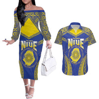 Personalised Niue The Rock Of Polynesia Couples Matching Off The Shoulder Long Sleeve Dress and Hawaiian Shirt Peniamina Gospel Day Blue Version LT05 Blue - Polynesian Pride